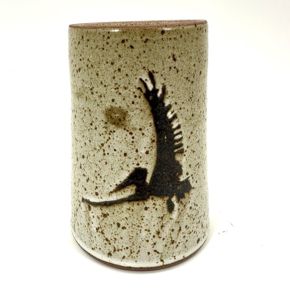 Signed Pterodactyl Art Pottery Vase Cylinder Dinosaur Bird Speckle Glaze - Picture 3 of 10